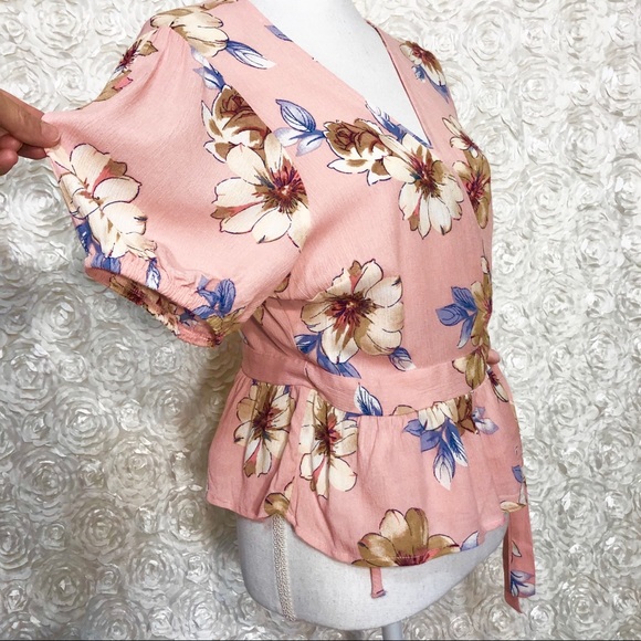 Floral Print Wrap Front Ruffled Hem Blouse - Picture 3 of 7